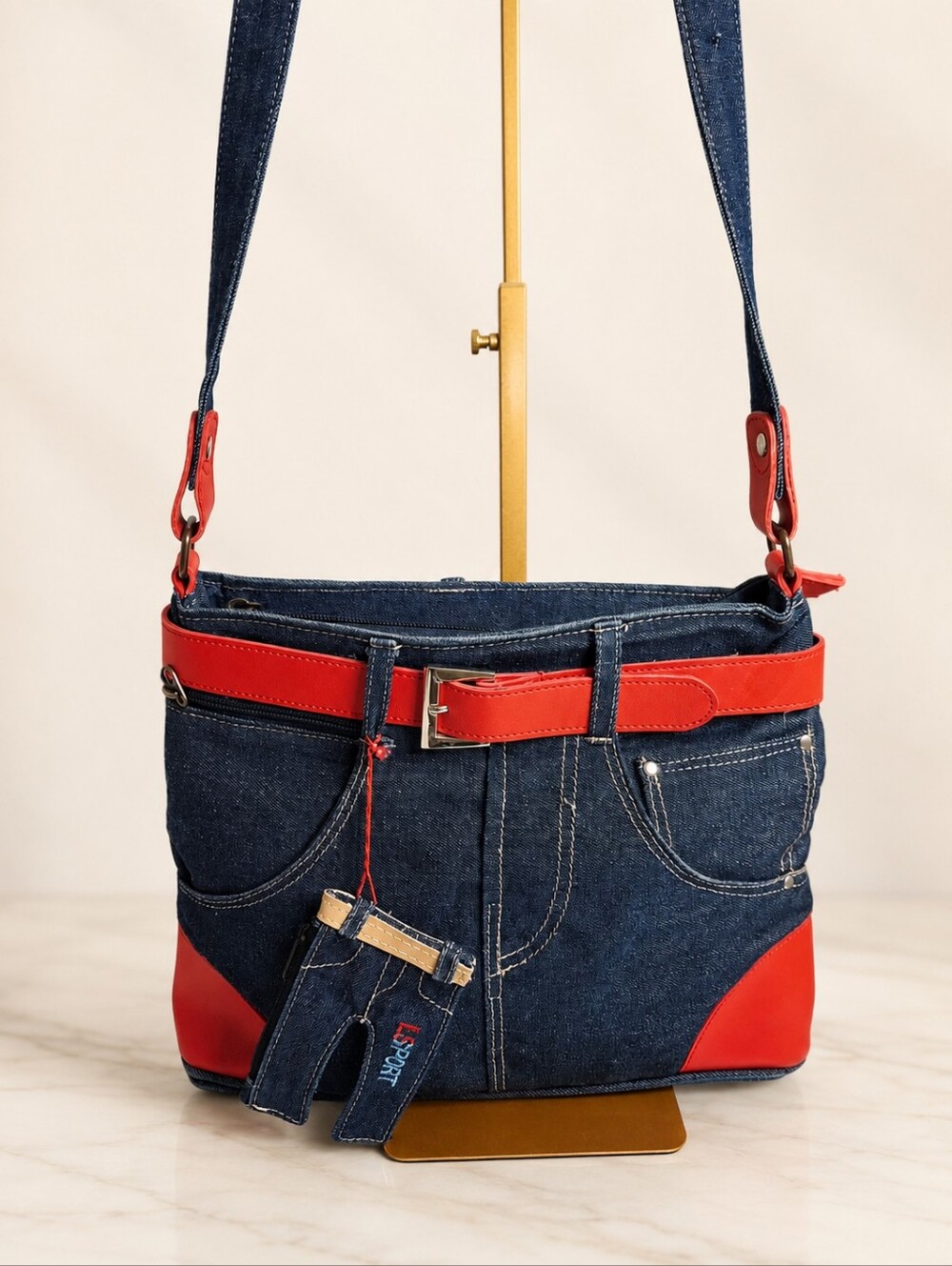 Liz Sport Denim Shoulder Bag with Red Belt Detail & Mini Pouch